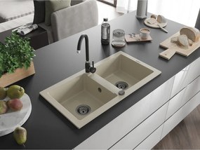 Mexen Mario, granitový drez 820x436x161 mm, 2-komorový, béžová s čiernym sifónom, 6504822000-69-B