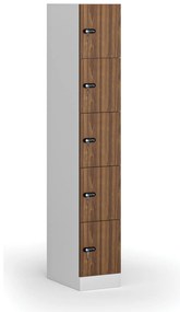 Šatníková skrinka s úložnými boxmi, 5 boxov, 1850 x 300 x 500 mm, demont, mechanický kódový zámok, laminované dvere, orech
