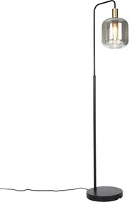 Dizajnová stojaca lampa čierna so zlatom a dymovým sklom - Zuzanna