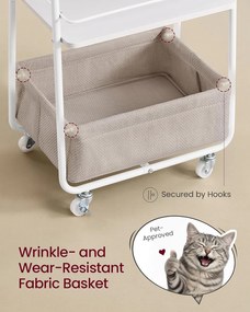 Gurulový úložný vozík s textilným košíkom, 3-poschodový vozík na kolieskach s policami, oblá biela a ťavohnedá