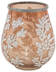 Béžovo-hnedý sklenený svietnik na čajovú sviečku s kvetmi Teane - Ø 16*19 cm