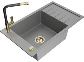 Mexen Elias, 1-komorový granitový drez 795x480x200 mm a drezová batéria Flora, šedá, 6511-71-670401-57-G
