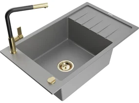 Mexen Elias, 1-komorový granitový drez 795x480x200 mm a drezová batéria Flora, šedá, 6511-71-670401-57-G