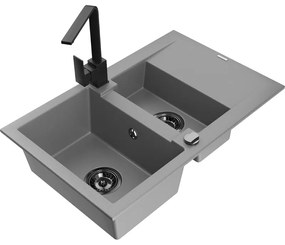 Mexen Gaspar, granitový drez 737x475x177 mm, 1,5-komorový a čierna batéria Rita, šedá, 6507-71-670300-70-B