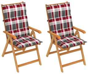 Záhradné stoličky 2 ks s červenými kockovanými podložkami tíkový masív 3062404