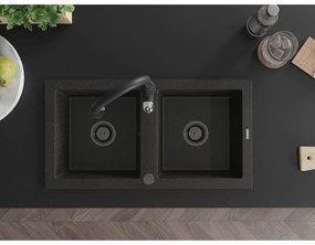 Mexen Mario, 2-komorový granitový drez 820x436x161 mm a drezová batéria Savita, čierna-zlatá metalíza, 6504-75-672601-70-B