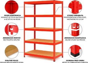 Regál 180x90x40 cm lakovaný 5-policový, nosnosť 875 kg - červený