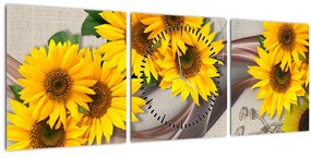 Obraz - Žiariace kvety slnečníc (s hodinami) (90x30 cm)