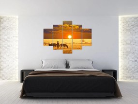 Obraz - Zebry so západom slnka (150x105 cm)
