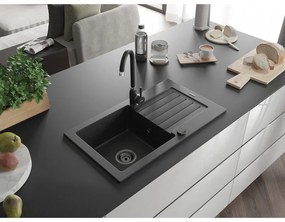 Mexen Pablo, granitový drez 752x436x161 mm, 1-komorový a čierna batéria Telma, čierna-strieborná metalíza, 6510-73-670200-70-B