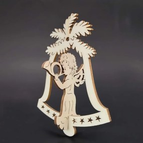 AMADEA Drevená ozdoba 3D zvonček - anjel s lesným rohom 9 cm