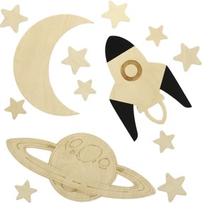 Vesmírna drevená nástenná dekorácia pre deti – Mesiac, raketa, Saturn + 10 hviezd