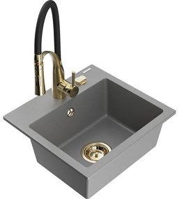 Mexen Milo, 1-komorový granitový drez 435x410x171 mm a drezová batéria Aster, šedá, 6505-71-73450-57-G