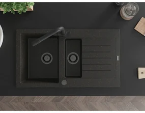 Mexen Matias, granitový drez 900x505x200 mm, 1,5-komorový a čierna batéria Duero, čierna-zlatá metalíza, 6502-75-671600-70-B