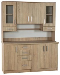 Kredenc hladký 160, sonoma (sklo hranaté čiré, úchyt Paula, prac. doska sonoma)