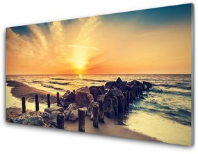 Skleneny obraz Pláž vlnolam more západ 125x50 cm