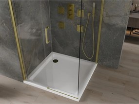 Mexen Omega, sprchovací kút s posuvnými dverami 100 (dvere) x 100 (stena) cm, 8mm číre sklo, zlatý profil + slim sprchová vanička 5cm, 825-100-100-50-00-4010