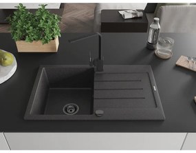 Mexen Bruno, drez granitový 795x495x200 mm, 1-komorový, čierna škvrnitá s čiernym sifónom a čierna drezová batéria Rita, 6513-76-670300-70-B