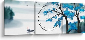 Obraz - Maľované jazero s loďkou (s hodinami) (90x30 cm)