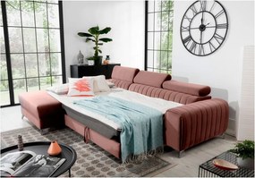 Ružová zamatová rozkladacia/s úložným priestorom rohová pohovka (ľavý roh/s leňoškou) Grayson – ELTAP