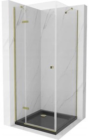 Mexen Roma, sprchovací kút s 1-krídlovými dverami 90 (dvere) x 90 (stena) cm, 6mm číre sklo, zlatý profil, slim sprchová vanička 5cm čierna, 854-090-090-50-00-4070G