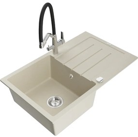 Mexen Bruno, 1-komorový granitový drez 795x495x200 mm a drezová batéria Duo, béžová, 6513-69-671701-07