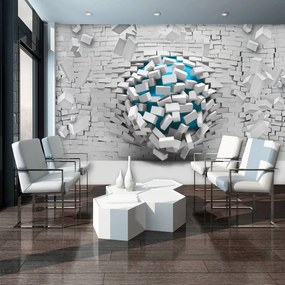 Fototapeta - 3D modrá lopta a biela tehlová stena (152,5x104 cm)