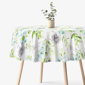 Goldea okrúhly obrus 100% bavlnené plátno deluxe - eukalyptus s kvety Ø 180 cm