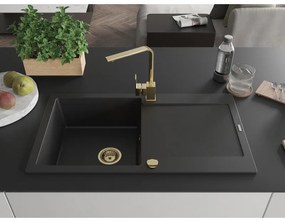 Mexen Leo, drez granitový 900x500x190 mm, 1-komorový, čierna so zlatým sifónom a zlatá drezová batéria Rita, 6501-77-670300-50