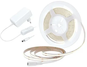 SOLIGHT COB LED pásik, sada s adaptérom, vypínač, 5m, 8W/m, 800lm/m, studená biela