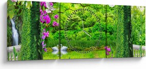 Obraz - Čarovná záhrada s labuťami (s hodinami) (90x30 cm)