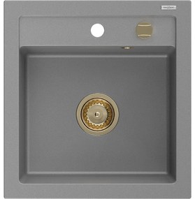 Mexen Vito, granitový drez 520x490x210 mm, 1-komorový, šedá so zlatým sifónom, 6503521000-71-G