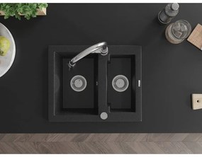 Mexen Carlos, 1,5-komorový granitový drez 582x475x177 mm a drezová batéria Elia, čierna-strieborná metalíza, 6518-73-670101-00