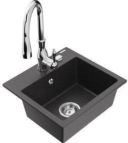Mexen Milo, 1-komorový granitový drez 435x410x171 mm a drezová batéria Savita, čierna škvrtnitá, 6505-76-672601-00
