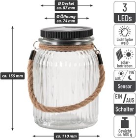 Záhradné solárne sklenice s vešákom, 3 LED, biele