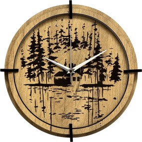 Drevené nástenné hodiny Lesná chatka pri jazere | SENTOP HDF0585-GOLD-OAK
