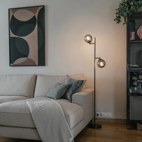 Art Deco stojaca lampa čierna s dymovým sklom 2-svetlo - Pallon