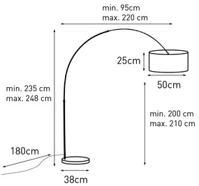 Oceľová oblúková lampa s bielym látkovým tienidlom 50 cm - XXL