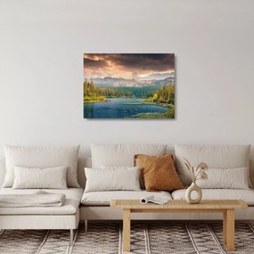 Sklenený obraz horskej rieky a hôr (70x50 cm)