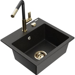 Mexen Milo, 1-komorový granitový drez 435x410x171 mm a drezová batéria Flora, čierna-zlatá metalíza, 6505-75-670401-57-G