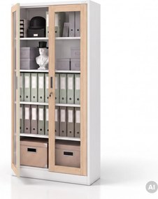 Kovová skriňa s vitrínou biela, dub sonoma, 900x1850x400 mm: AMELIA Eco Design