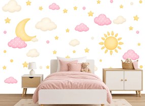 Slnko mesiac ružové obláčiky nálepky na stenu pre dievčatá list 122 x 122 cm