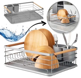 eCarla Odkvapkávač na riad a na príbory s drevenými rúčkami sivý, 43 x 30,5 x 14 cm