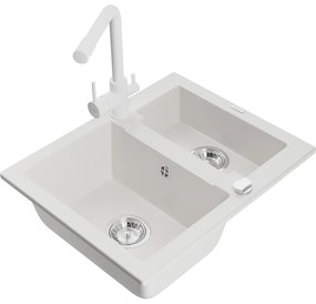 Mexen Carlos, 1,5-komorový granitový drez 582x475x177 mm a drezová batéria Duero, biela, 6518-20-671600-20