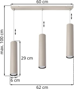Závesné svietidlo Tuba, 3x béžové kovové tienidlo