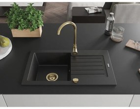 Mexen Pablo, granitový drez 752x436x161 mm, 1-komorový, čierna so zlatým sifónom, 6510751010-77-G