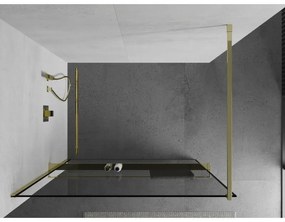 Mexen Kioto+, sprchová zástena s poličkou a držiakom na uteráky 130 x 200 cm, 8mm číre sklo vzor čierny rám, zlatý profil, 800-130-121-50-70