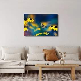 Obraz - Žltý motýľ s kvetmi (90x60 cm)