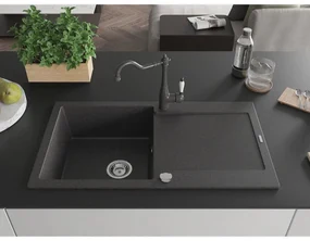 Mexen Leo, granitový drez 900x500x190 mm, 1-komorový a drezová batéria Carla, čierna škvrnitá, 6501-76-670700-76