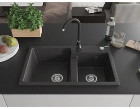 Mexen Tomas, granitový drez 800x500x190 mm, 2-komorový a čierna batéria Telma, čierna škvrnitá, 6516-76-670200-70